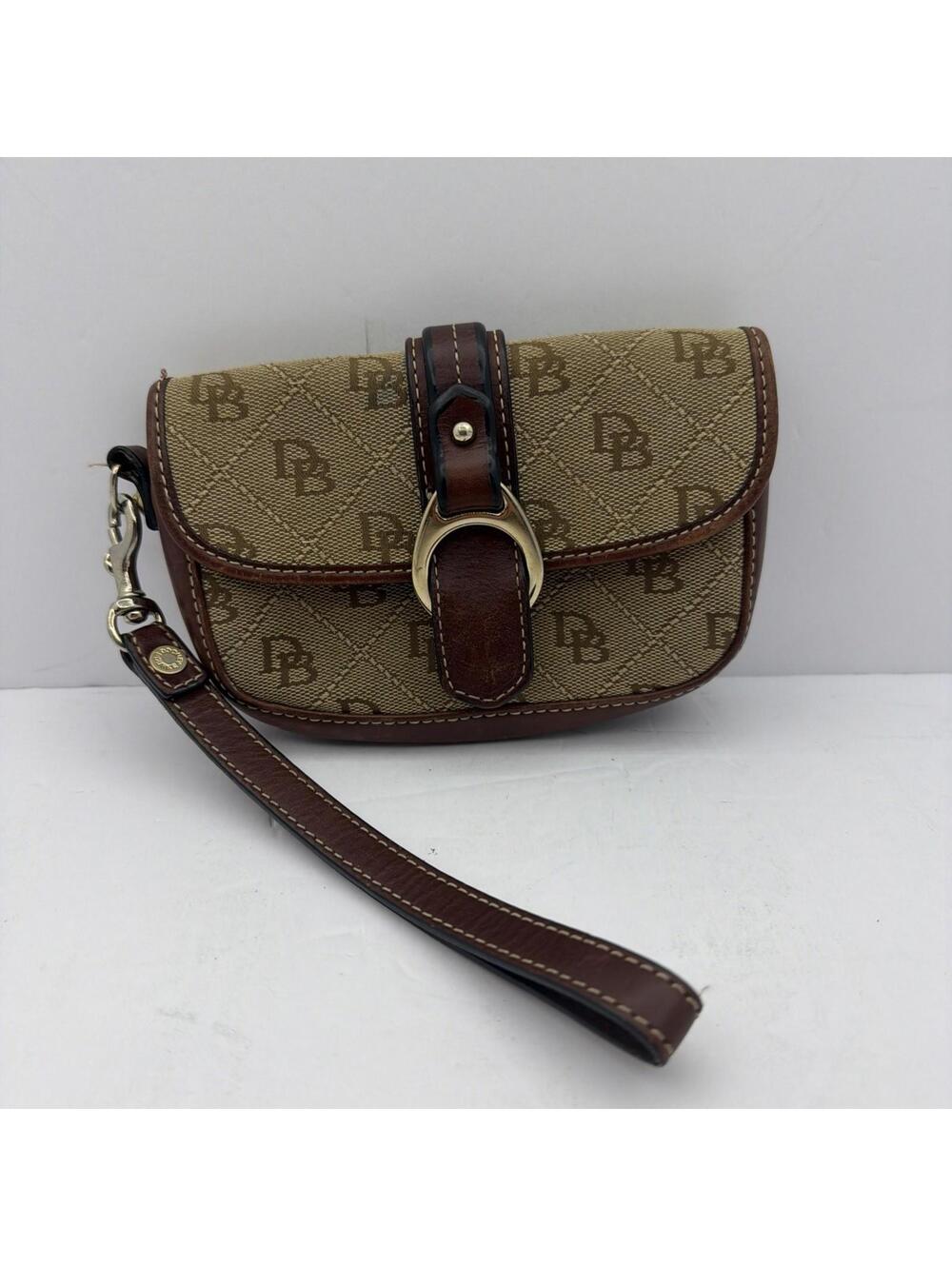 Dooney & Bourke Wristlet Signature Brown Canvas Leather Vintage Clutch